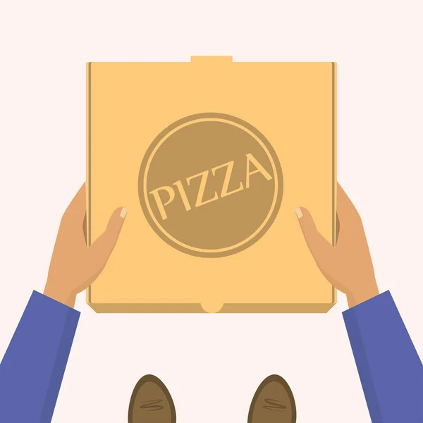 Pizza levering. Overdracht product vakken. Leveringsmensen overhandigen van een doos met pizza — Stockvector