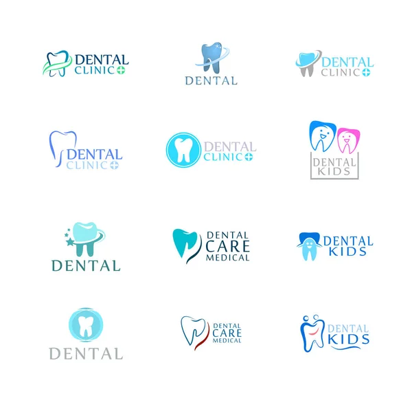 Logolar diş bakımı Kliniği, çocuk diş hekimliği kümesi. Diş soyut simgeler — Stok Vektör