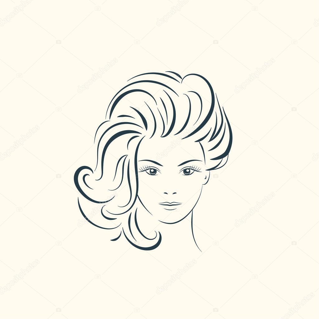 Beauty woman face with long wavy hair.  Lines illustration.
