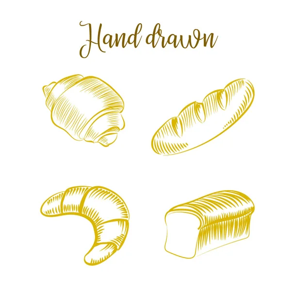 Fırın ürünleri elle çizilmiş kroki farklı ekmek kümesi — Stok Vektör