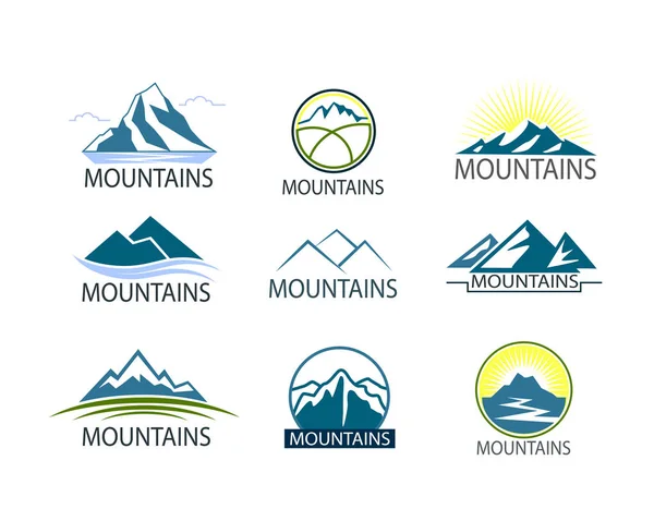 Conjunto de Montanhas logotipo, Ícone na cor. Rótulo de escalada, caminhadas e aventura —  Vetores de Stock