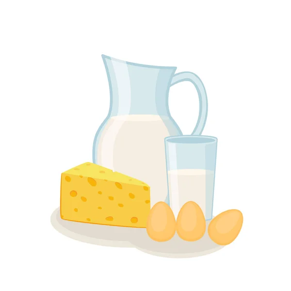 Süt ürünleri, yumurta, peynir ve sürahi ve bardak süt izole vektör çizim ile ayarla
