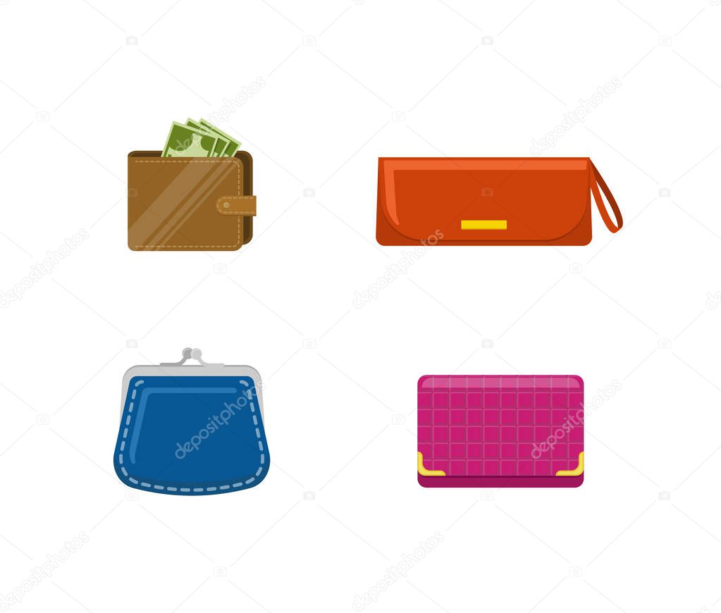 Set of purses and wallets with mone. Set of different business and finance symbols. Vector illustration isolated on a white background