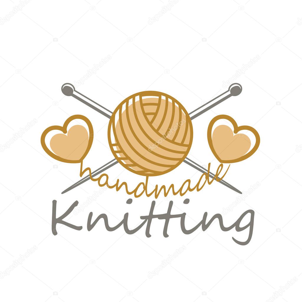 Logo of yarn and knitting needles. Icon for craft related site or business