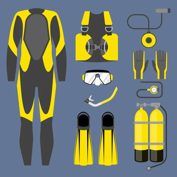 Set of diving equipment icon. Wetsuit, scuba gear and accessories Underwater activity sports item. — Stock Vector