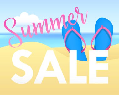 Yaz Satılık tamplate tasarım afiş. Resimde flip flop ve plaj ile. Vektör arka plan