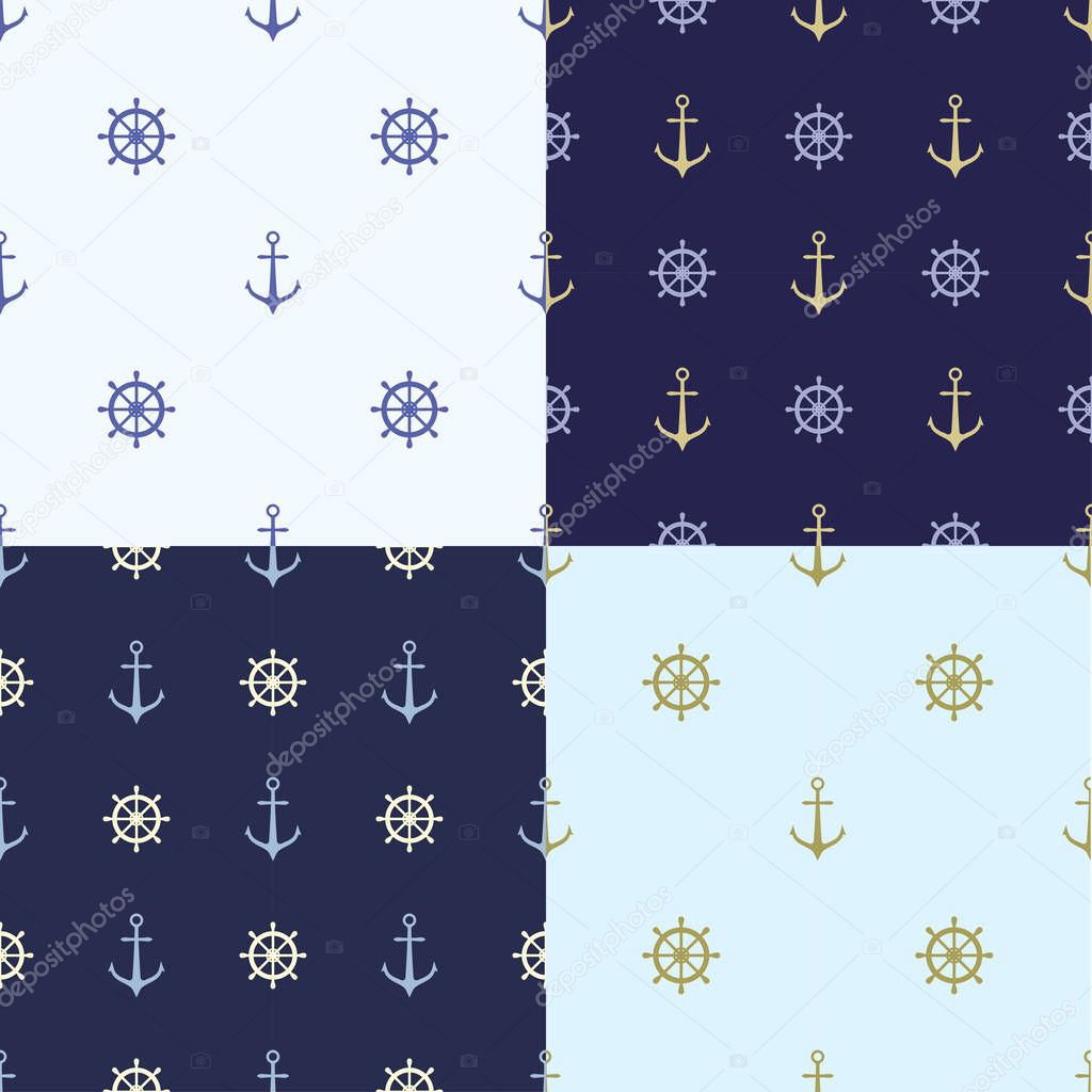 Set of Seamless pattern with anchor, ship steering, waves. Collection of sea background, illustration of ocean marine background.