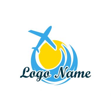 Seyahat Acentası izole logosunu görmeniz gerekir. Tatil, seyahat ve eğlence sıcak ülkelerde sembolü. Palmiye ağaçları, ada, deniz ve güneş, uçaktan alarak logolu