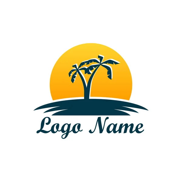 Logo isolato dell'agenzia di viaggi. Simbolo di vacanza, viaggio e svago nei paesi caldi. Logo con palme, isola, mare e sole, decollo aereo — Vettoriale Stock