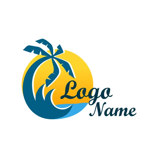 Logo isolato dell'agenzia di viaggi. Simbolo di vacanza, viaggio e svago nei paesi caldi. Logo con palme, isola, mare e sole, decollo aereo — Vettoriale Stock