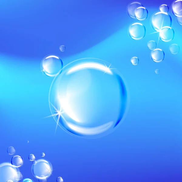 Bulles de savon transparentes, gouttelettes d'eau sur fond bleu. Bulles pour la conception de produits publicitaires. Bulles avec vecteur de réflexion — Image vectorielle