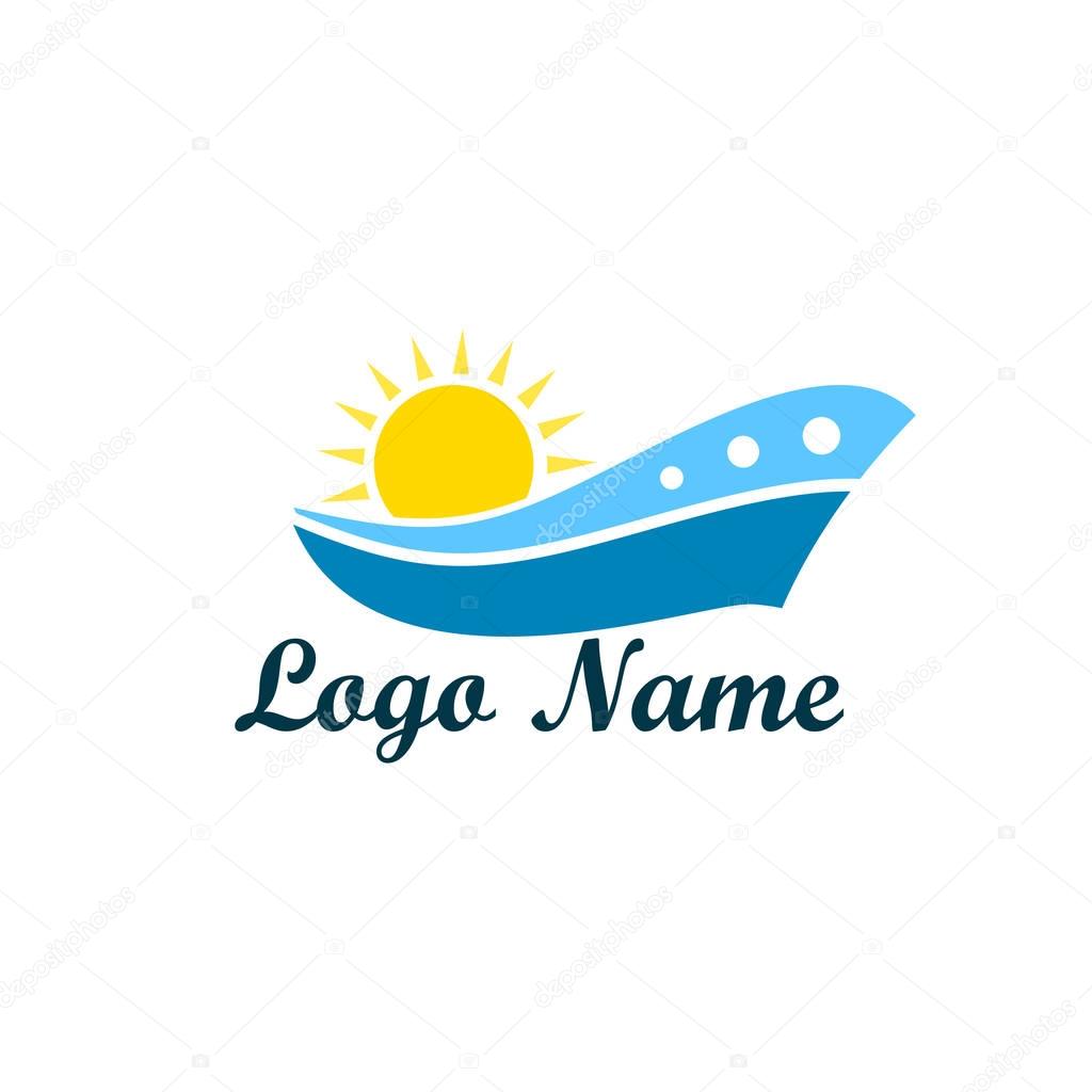 Logo of travel agency isolated on white background. A symbol of vacation, travel and recreation in warm countries. Logo with palm trees, island, sea and sun, taking off plane
