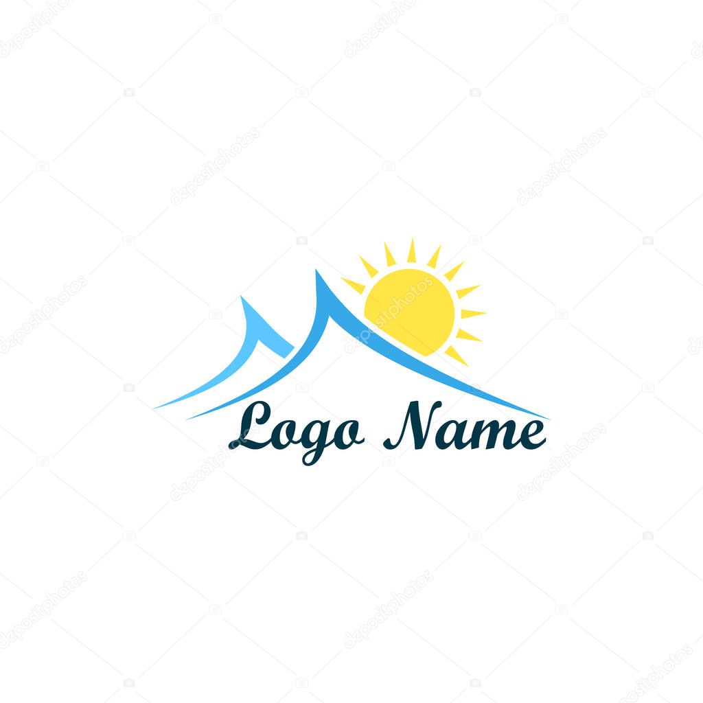 Logo of travel agency isolated on white background. A symbol of vacation, travel and recreation in warm countries. Logo with palm trees, island, sea and sun, taking off plane