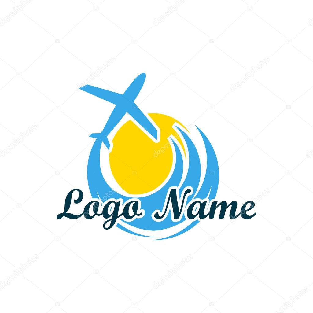 Logo of travel agency isolated on white background. A symbol of vacation, travel and recreation in warm countries. Logo with palm trees, island, sea and sun, taking off plane