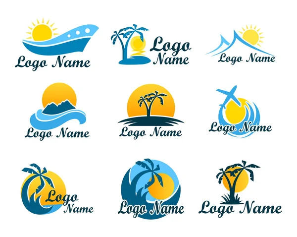 Conjunto de logótipos de agências de viagens. Um símbolo de férias, viagens e recreação em países quentes. Logotipo com palmeiras, ilha, mar e sol, decolando avião — Vetor de Stock