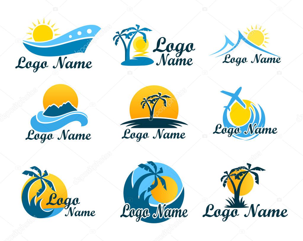 Set of travel agency logos on white background. A symbol of vacation, travel and recreation in warm countries. Logo with palm trees, island, sea and sun, taking off plane