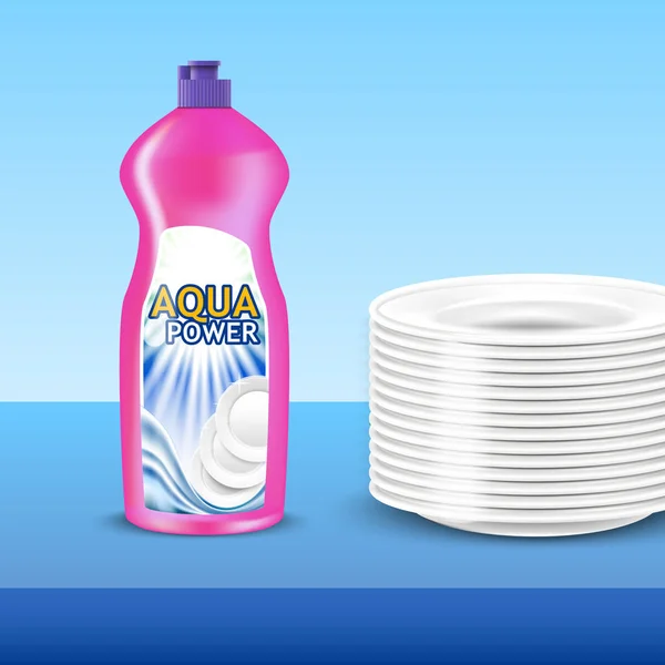 Deterjan şişesi mockup glitter ile beyaz tabak yığını ile. 3D gerçekçi vektör çizim