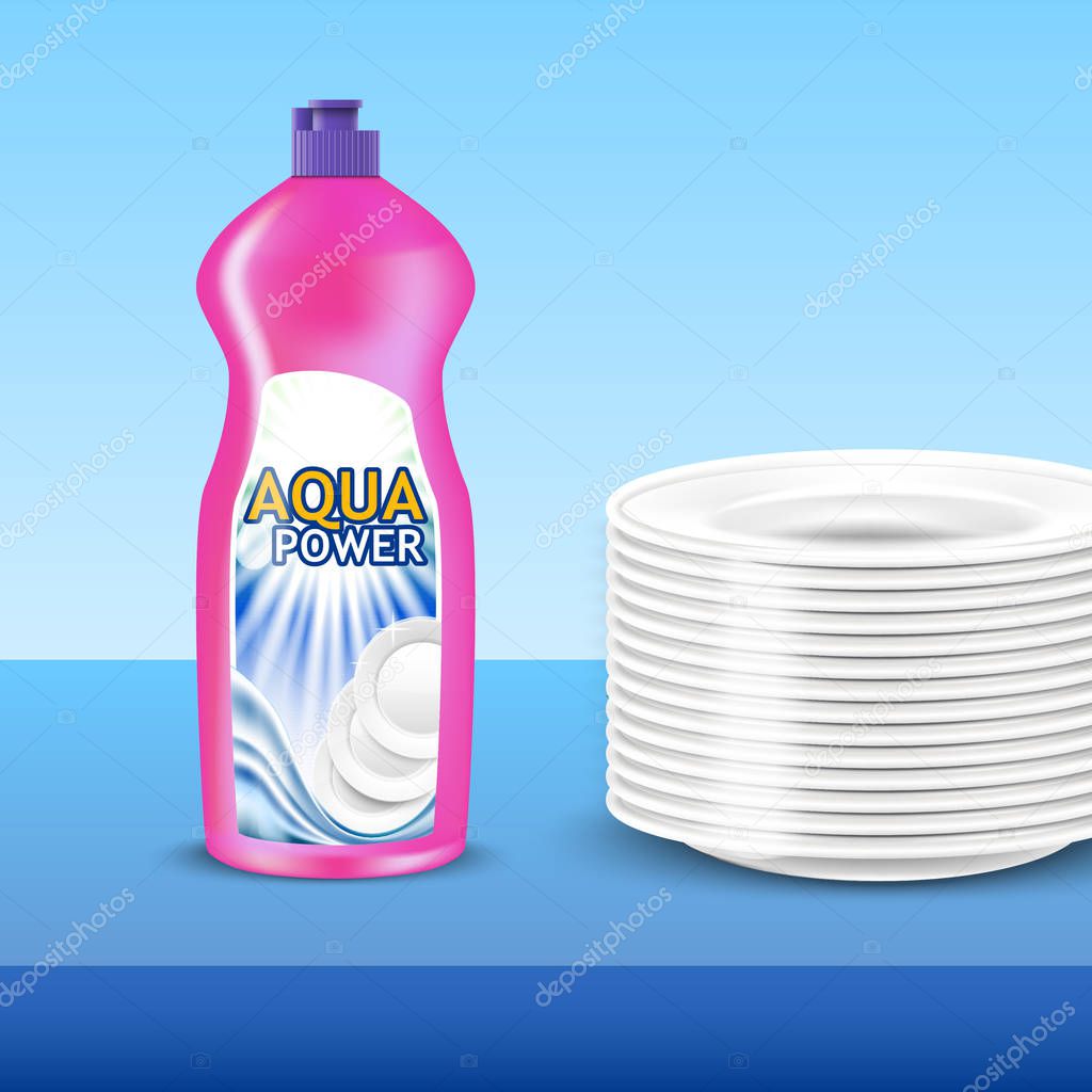 Detergent bottle mockup with a stack of white plates with glitter. 3d realistic vector illustration