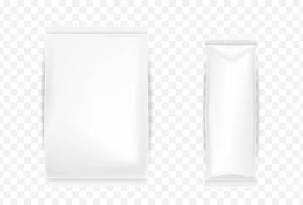 Mockup ambalaj aperatifler, barlar için. Beyaz ambalaj torbaları izole edilmiş. 3D vektör çizim