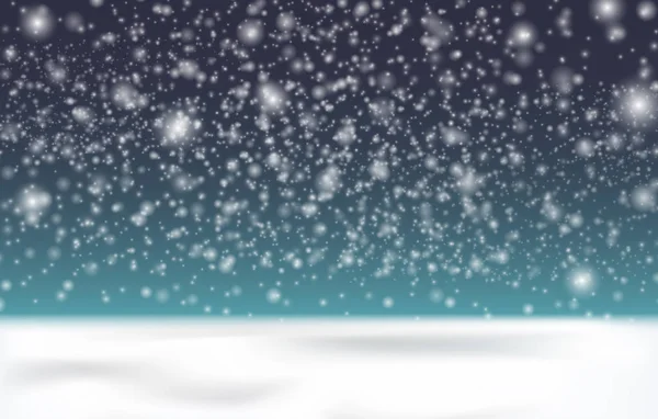 Nieve sobre un fondo oscuro. Viene nieve, pequeños copos de nieve en el aire. Cubierta de nieve de la tierra — Vector de stock