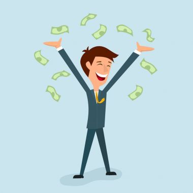 Bir iş adamı elleriyle kadar hoşnut olan. Yukarıdan üzerinde işadamı banknotlar içinde parçalanmış olması.