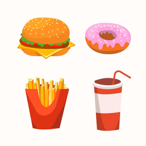 Fast food con hamburger, bevande in un bicchiere, ciambelle, patatine fritte. Set di fast food. Illustrazione vettoriale — Vettoriale Stock