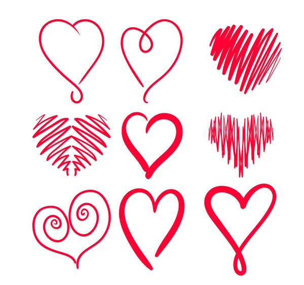 Set Coeurs tirés à la main. Eléments de conception pour cartes de vœux — Image vectorielle