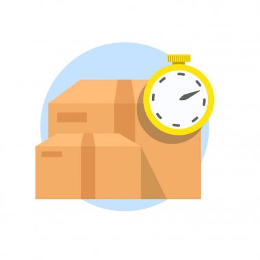 Hızlı teslimat hizmeti nakliye. Kutuları ve kronometre, zamanlayıcı beyaz arka plan üzerinde izole. Vektör düz simgesi