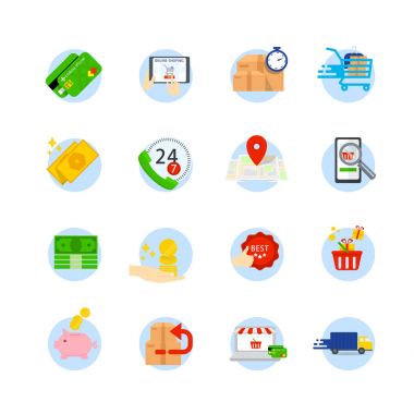 E-ticaret vektör düz simgeler kümesi. Salonu, alışveriş çantası, satış, cüzdan, sepet, simgelerle dönmek, çevrimiçi destek, hızlı teslimat ve daha fazlası.