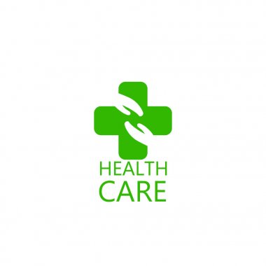 Logo çapraz ve ellerini sağlık. Klinik ilaç firması için logo. Aile doktoru, ilk yardım logosu. Sağlık ve tıp kabine. Vektör Isolated beyaz arka plan üzerinde