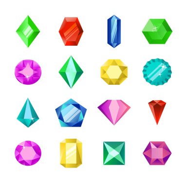 Mücevher ya da parlak vektör set elmas. Düz taşlar mücevherler karikatür. Değerli taş ve beyaz arka plan üzerinde izole kristal, değerli cam elemanları