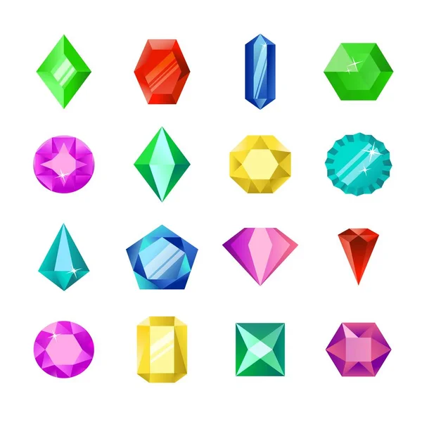 Mücevher ya da parlak vektör set elmas. Düz taşlar mücevherler karikatür. Değerli taş ve beyaz arka plan üzerinde izole kristal, değerli cam elemanları