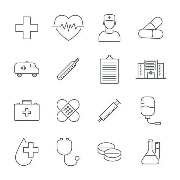 Tıbbi ikonlar hazır. Hat ikonları, steteskop, fonendoskop, kalp ve diğer şeyler. Beyaz arkaplanda izole edilmiş simge vektörü