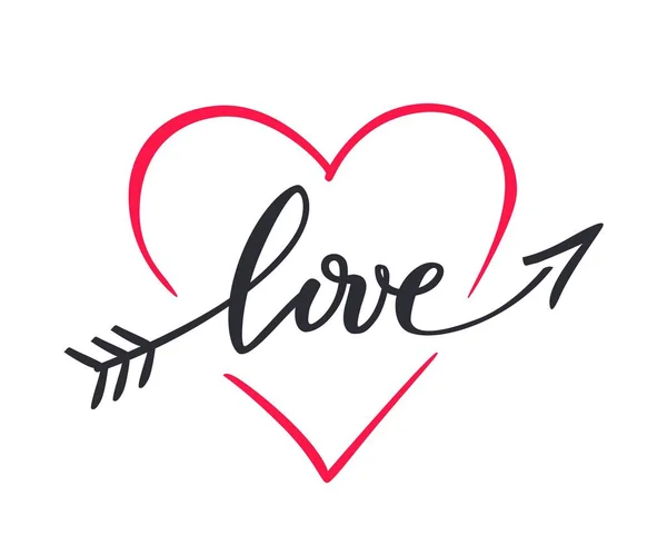 La palabra amor mano dibujada, letras amor en la forma de una flecha dentro del corazón . — Vector de stock