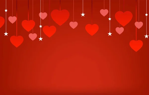 Banner horizontal com muitos corações vermelhos pendurados no fundo. Corações decorativos vetoriais para cartões de felicitações, para design de sites — Vetor de Stock