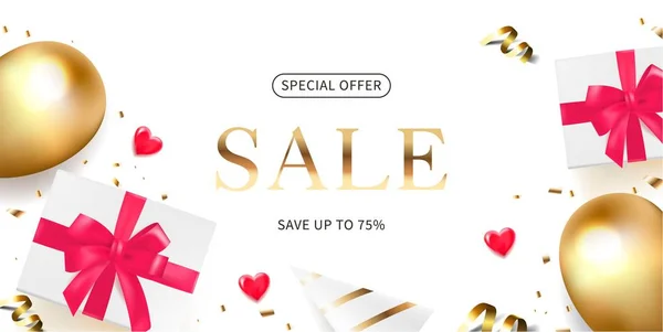 İndirimli Sevgililer Günü broşürü tasarımı. Düz yatıyordu balonlar, kalpler ve hediye kutuları beyaz arka planda