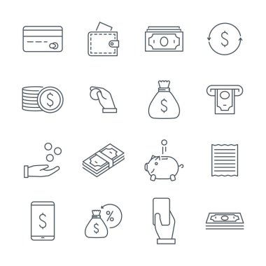 Linear money icons set. Money and coins, a bag of money and a piggy bank