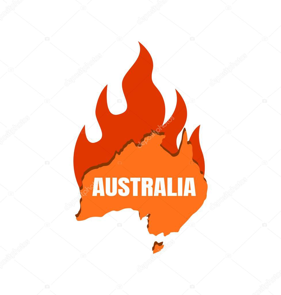 Continent Australia on fire. Map of Australia with fire flame, fire on the continent