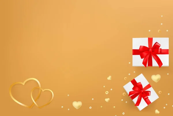 Plantilla de tarjeta de felicitación con corazones, cajas de regalo y cuentas brillantes. Día de San Valentín, fondo de boda — Archivo Imágenes Vectoriales