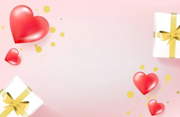 Hermoso diseño con regalos, corazones, confeti. Plantilla plana de vista superior para tarjeta de felicitación, banner — Vector de stock