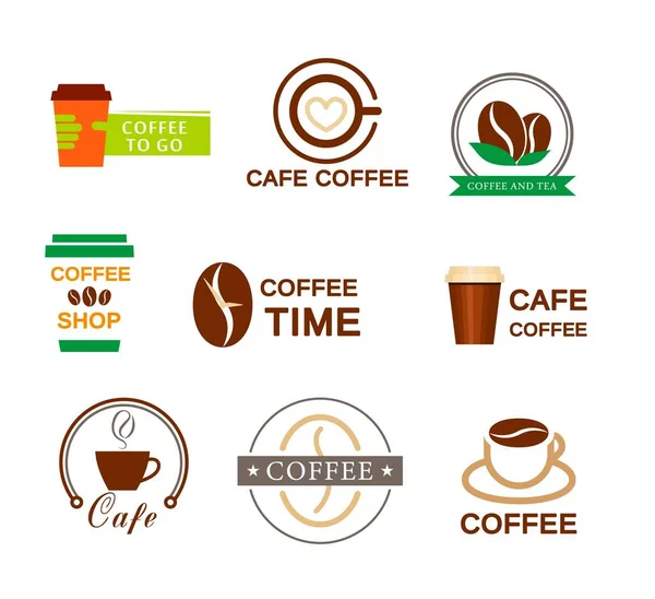 Conjunto de logotipo de café para una cafetería. Copa, vaso con café. Granos de café. Logo vector aislado sobre fondo blanco — Archivo Imágenes Vectoriales