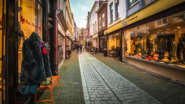 Vlissingen, Zeeland, Hollanda/Hollanda - Kasım 2017: Dekore edilmiş dükkan ve Hollanda evleri ve ağaçlar Noel zamanı