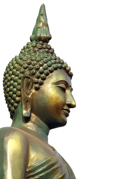 Volto e testa di statua di Buddha verde dorato isolato su ba bianca — Foto Stock