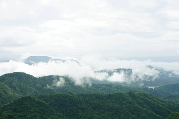 Paysage montagneux du matin avec vagues de brouillard et ciel nuageux. Wav ! — Photo