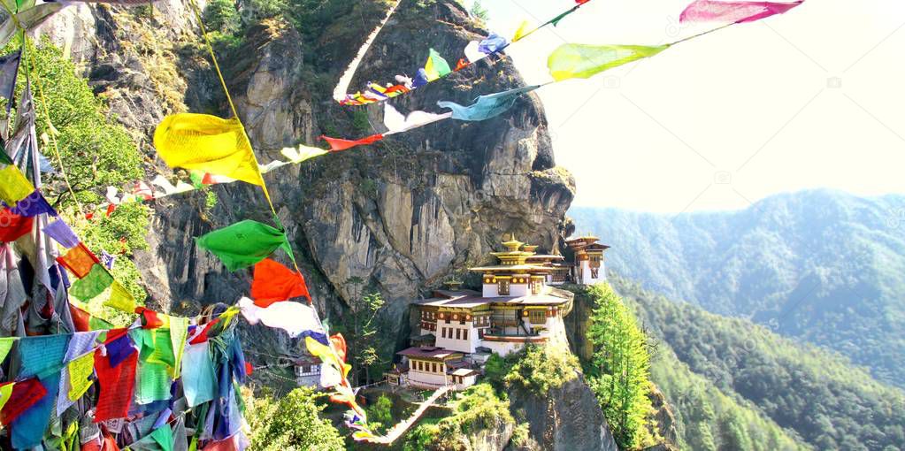 Taktshang Goemba or Tiger's nest monastery with colorful Tibetan