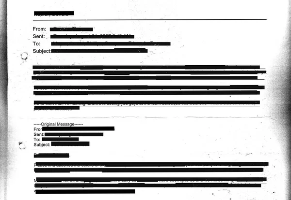 Redacted email texture on photocopied sheet with hole punch marks - entirely censored — Stock Photo, Image