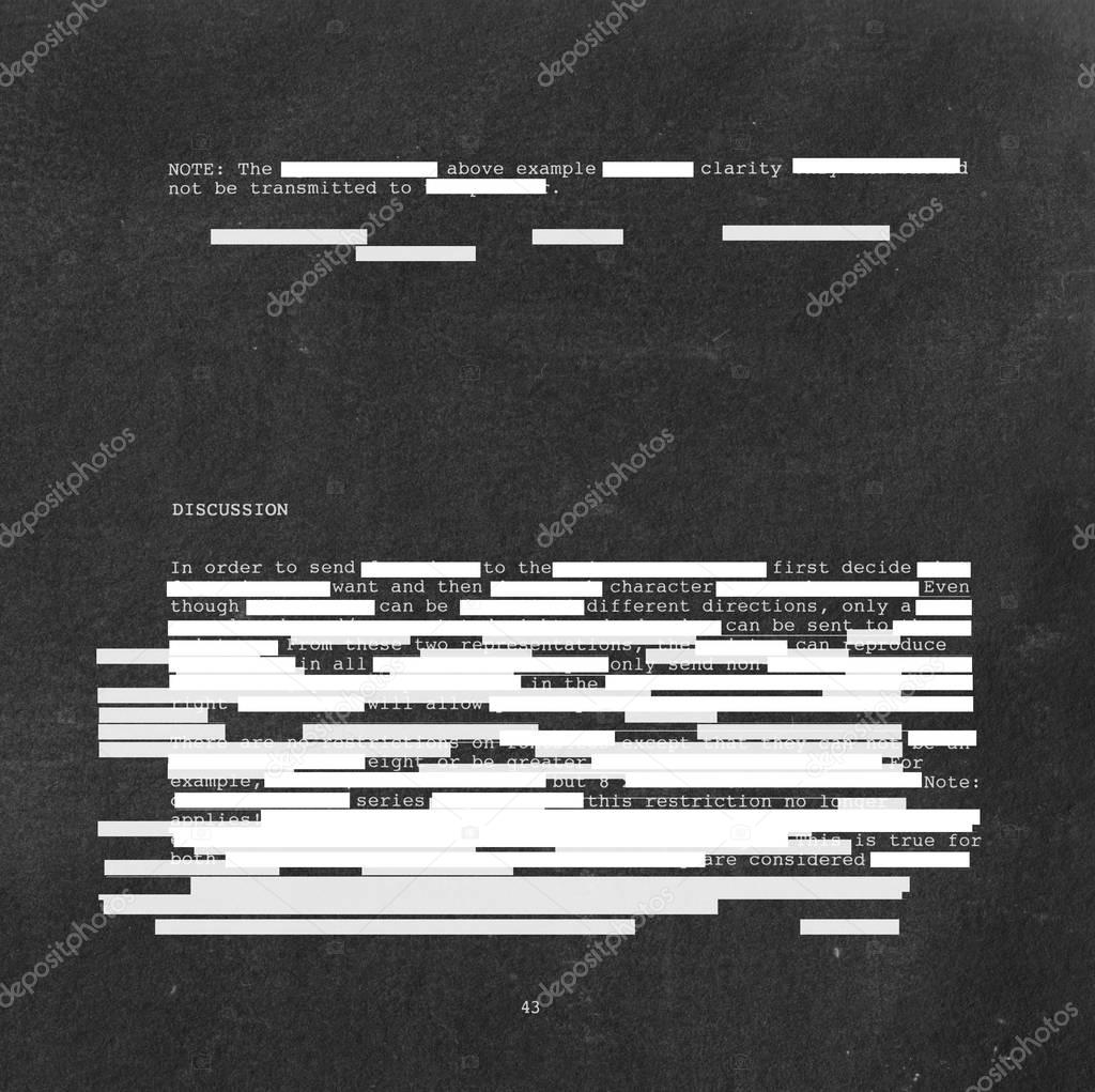 White redacted text on dark photocopy texture background