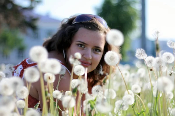 Молода жінка в полі з багатьма кульбабами — стокове фото