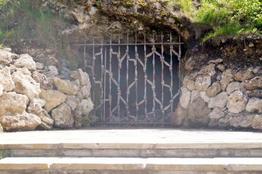 Taş duvar ile yeşil alan. Doku doğa. Metin, afiş, etiketi için arka plan.