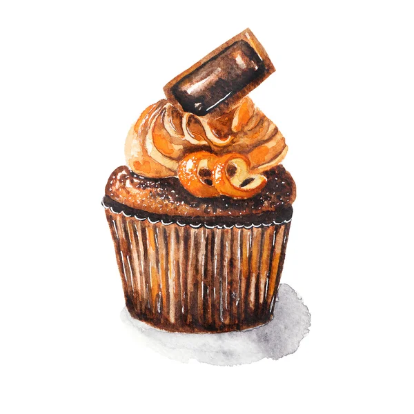 Cupcake al cioccolato all'arancia. Illustrazione ad acquerello su sfondo bianco isolato — Foto Stock